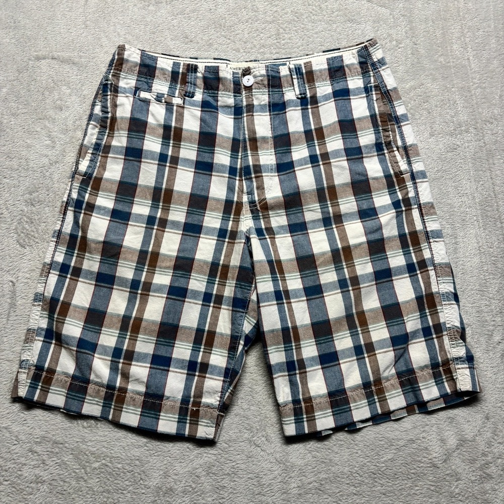 American Eagle Shorts Mens‎ 34 Longer Length Blue Brown Plaid Casual Y2K Bermuda